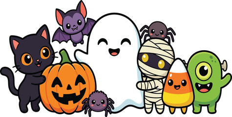 Fototapeta premium Cute Halloween Vector Illustration featuring Kawaii Ghost, Jack-o-Lantern, Mummy, Black Cat, Bat, and Monsters. Perfect for Spooky Season Invitations, Greeting Cards, and Kids Party Decor.