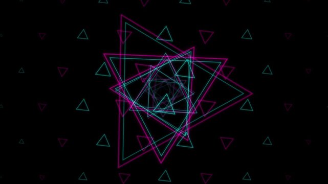 Neon triangle tunnel animation rotating in endless dark geometric space for digital motion graphics.