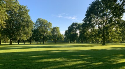 Fototapeta premium Sunny summer meadow in a tranquil park with tall trees and a bright blue sky