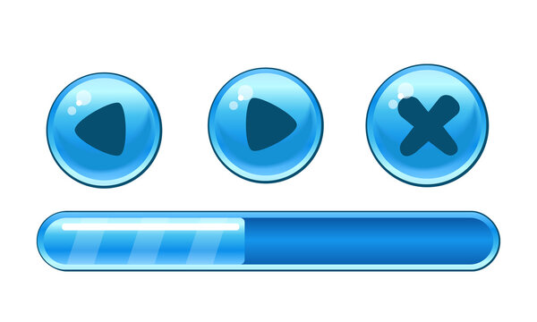 Set of glossy blue circular interface buttons and a loading progress bar for mobile games and digital applications transparent background