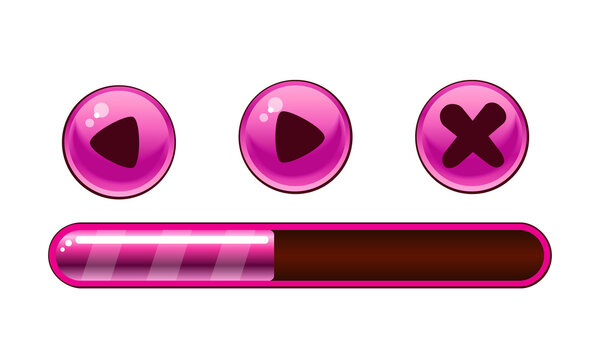 Set of pink glossy game interface elements with circular buttons and progress bar for web and mobile transparent background