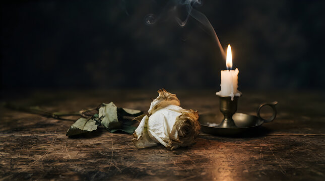 Lit white candle burning beside a wilted white rose on a dark wooden table surface with dark wood memorial tribute sorrow sadness flame fire still life mourning