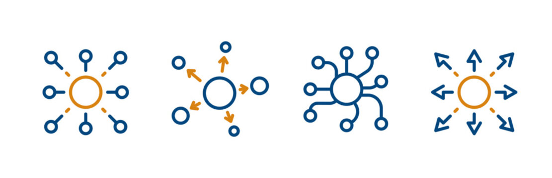 decentralized icon set, icons of leave a single center, centralized, disperse, objects for infographics, website or mobile app