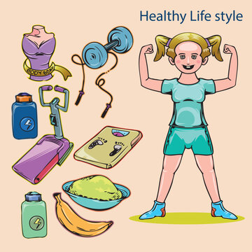 Healthy life, girl with sporty costume on strong pose, with various sport equipment and healthy food