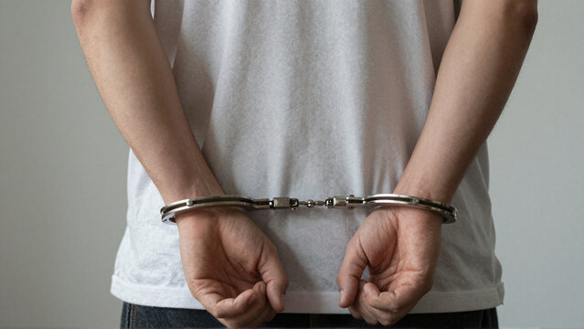 Prison detainee in white shirt with steel handcuffs behind back against plain gray wall