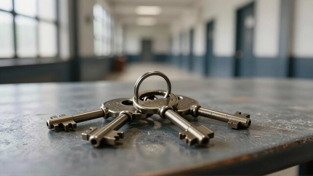 Vintage iron prison keys on worn metal table against blurred empty cellblock corridor