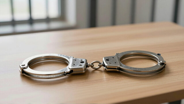 Open steel handcuffs on wooden table beside blurred prison bars in detention facility