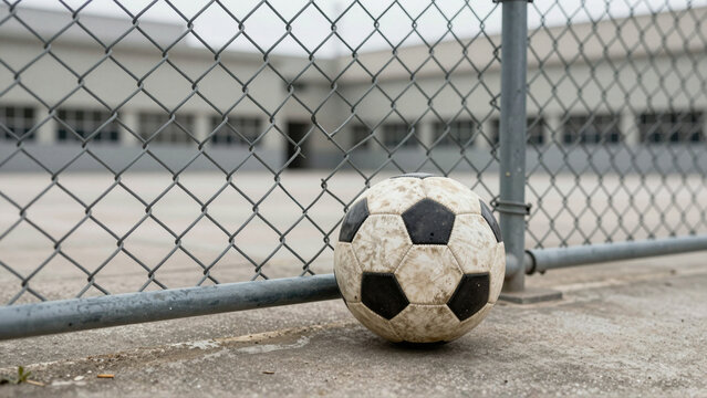 Worn soccer ball rests beside chain-link fence in a weathered concrete prison yard