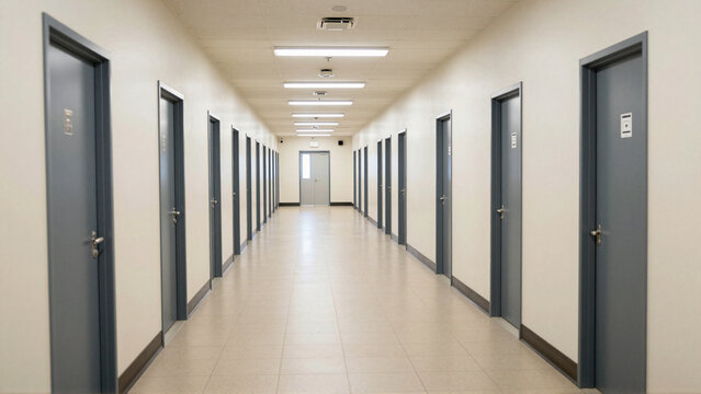 Empty prison corridor lined with secure gray cell doors under fluorescent lights