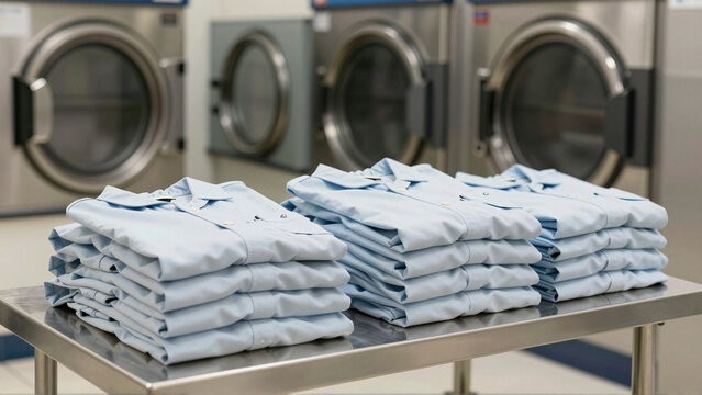 Folded prison uniforms stacked on steel table inside an institutional laundry facility
