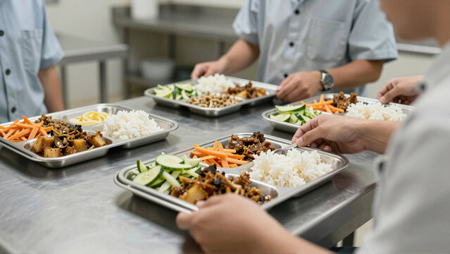 Prison kitchen workers assemble balanced meal trays along a stainless steel counter