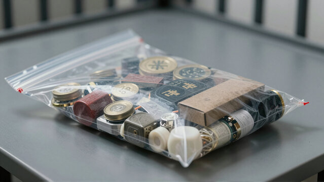 Sealed bag of personal belongings collected during prison intake processing on metal table