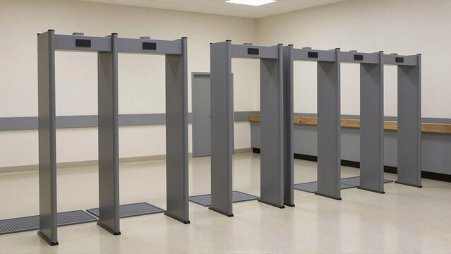 Multiple metal detector portals line an empty prison security screening checkpoint interior