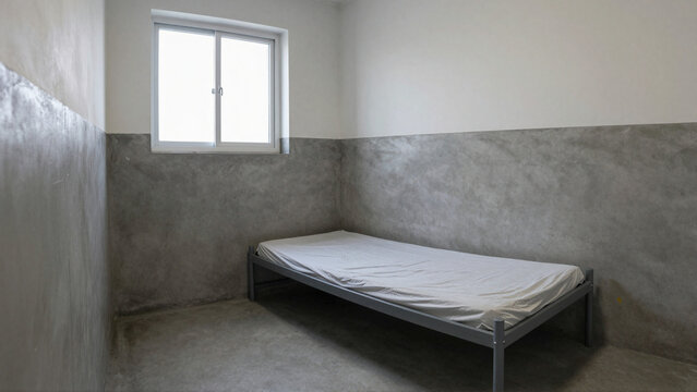 Austere empty prison cell with narrow metal bed, concrete floor and bright frosted window