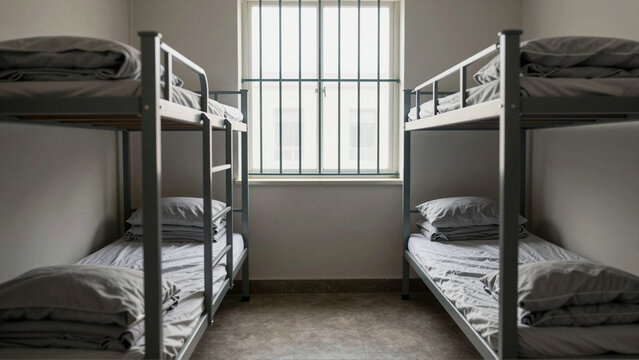 Empty prison dormitory with metal bunk beds, gray bedding and barred window daylight