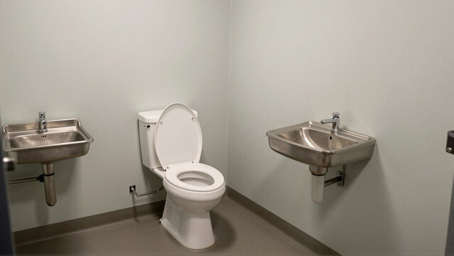 Sparse prison bathroom interior with white toilet and two wall mounted stainless steel sinks