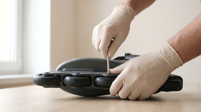 Hands wearing white gloves using a tool to fix the wheels of rollerblades