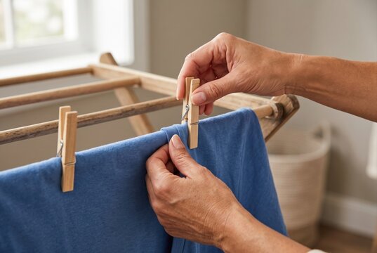 Hands using a wooden peg to hang a blue shirt on a drying rack