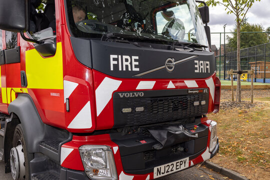 Harrogate, Yorkshire UK 17th August 2026: North Yorkshire Fire and Rescue Service red Volvo fire engine from Harrogate showing the front cab emergency markings reflective panels lights firefighting
