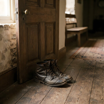 Pair of worn work boots standing on old wooden floorboards beside a rustic wooden door with wooden floor country house farmhouse interior muddy boots worn footwear
