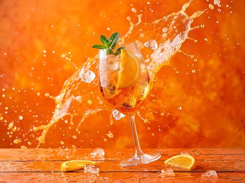 A spritzed glass of aperol against an orange backdrop