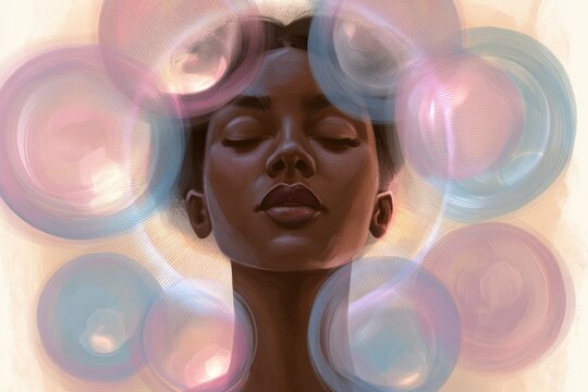 Serene Digital Illustration of a Woman with Ethereal Healing Orbs and Auras
