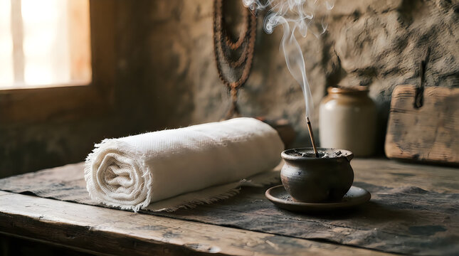 Rolled white towel next to burning incense stick in a ceramic holder on rustic wooden table with smoke drift rustic room stone wall still life zen garden wellness