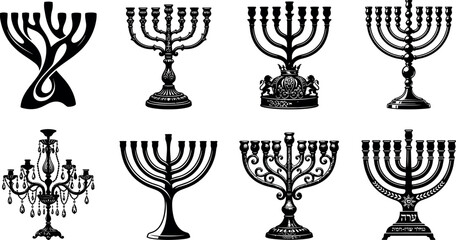 Naklejka premium A grouping of eight antique black and white menorah drawings presented individually on a clear see through backdrop for design projects