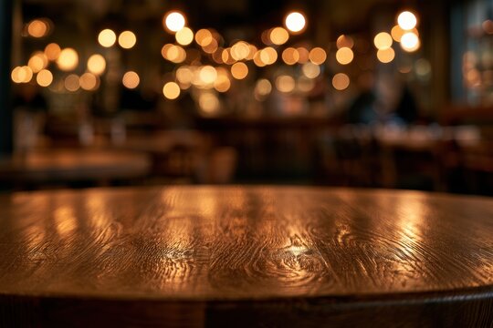 Unoccupied wooden table foreground with glow of restaurant lights in soft focus