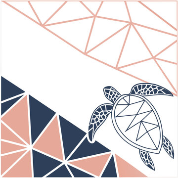 Sea turtle swimming over geometric low poly pattern background