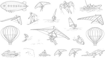 Hand drawn sketch illustration set of extreme sports, aviation, air vehicles, and water recreation isolated on a white background. © MDMAZADUR