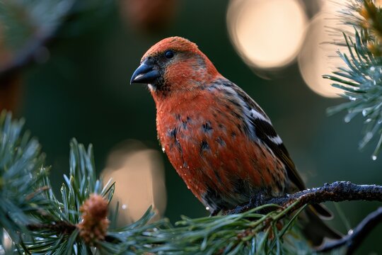Wild white-winged crossbill feeding on pine seeds among evergreen needles