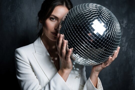 Woman in white blazer holds shiny disco ball in dark studio. Glamorous female poses with reflective sphere, party accessory hints at nightlife fun and celebration.