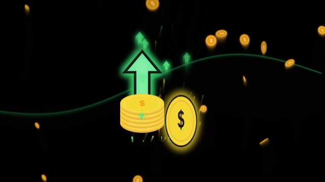 Financial growth concept: rising gold coins and green arrow animation