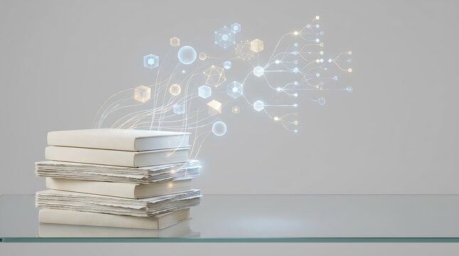 Stack of white books emitting digital data and holographic icons symbolizing knowledge and learning