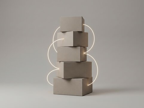 Vertical stack of cardboard boxes connected by glowing curved lines representing supply chain logistics