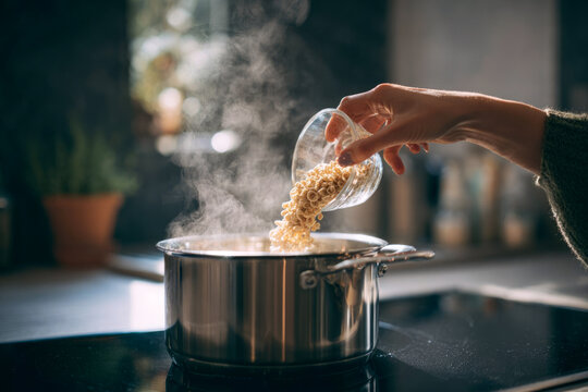 Hand pouring uncooked pasta into a stainless steel pot on a stovetop, with steam rising in a cozy kitchen setting, showcasing the cooking process and culinary art