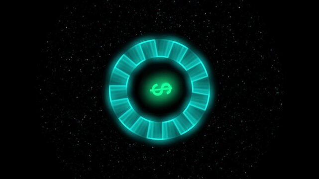 Glowing neon dollar sign rotating inside digital circle hud currency