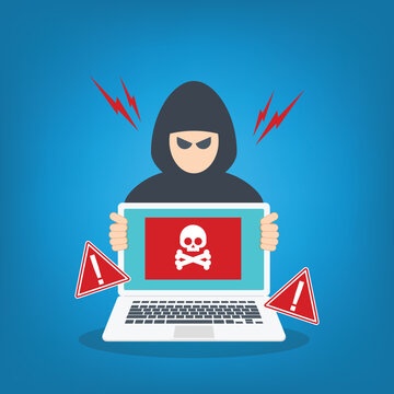 Online Fraud and Identity Theft Warning with Hacker and Laptop