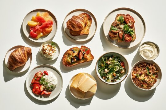 Top-down still life: diverse plated foods arranged on a clean white surface