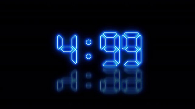 4K animation of a glowing blue LED digital countdown timer with changing numbers, neon light and reflection on a dark background
