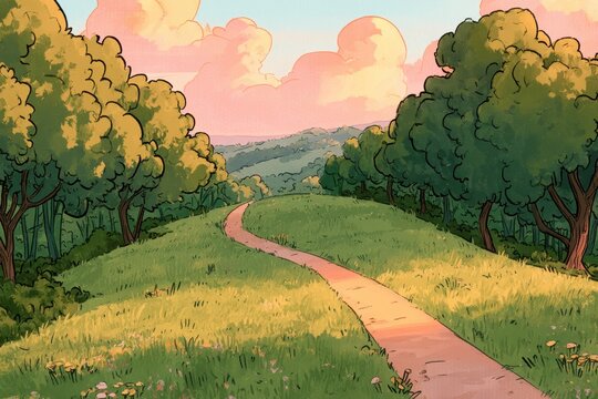 Playful countryside hill illustration with colorful trees and a meandering path