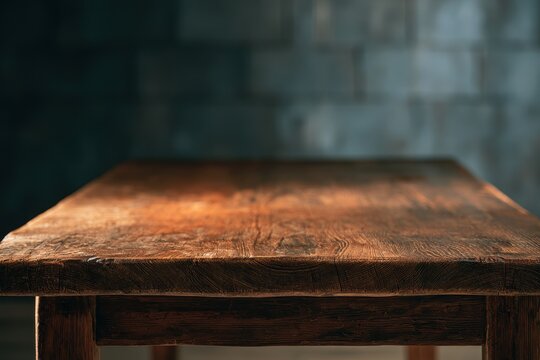 Old wooden table with a blurred concrete wall backdrop in a dimly lit room