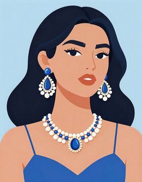 Enchanting Woman Adorned with Dazzling Beaded Earrings and Necklace, Exuding Elegance and Confidence Against a Soft Pastel Background