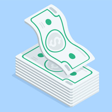 Isometric vector banknotes in a stack and one falling from the top, in color on a blue background, finance and income