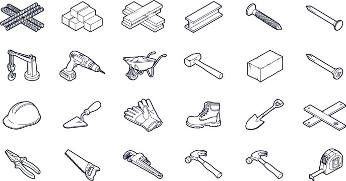 Isometric construction tools and building materials vector line icon setIsometric construction tools and building materials vector line icon set