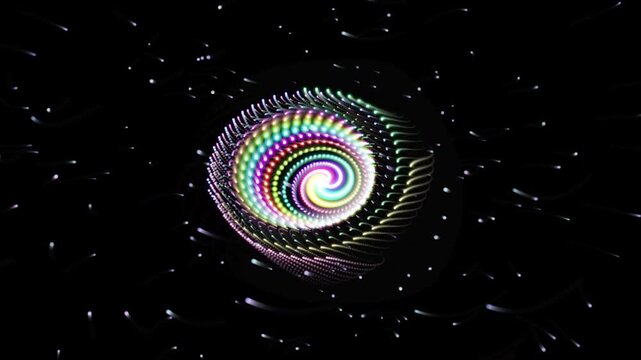 Abstract neon vortex spinning in deep space created by glowing particles with dynamic light motion.