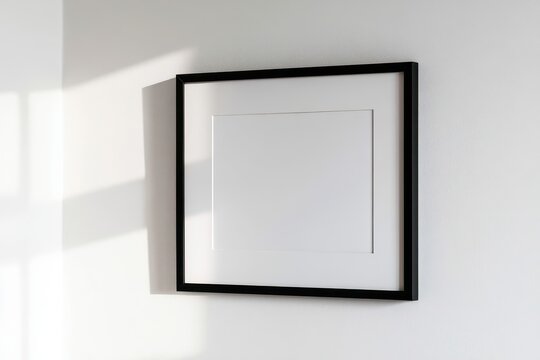 Matte black picture frame in a white minimalist interior with blank inner space for photos or prints
