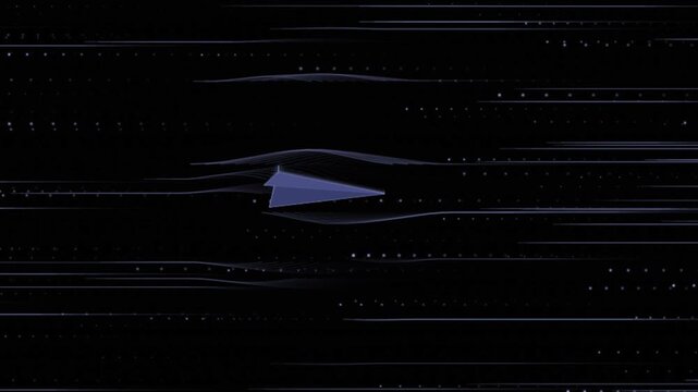 Paper airplane flying through digital data streams abstract motion