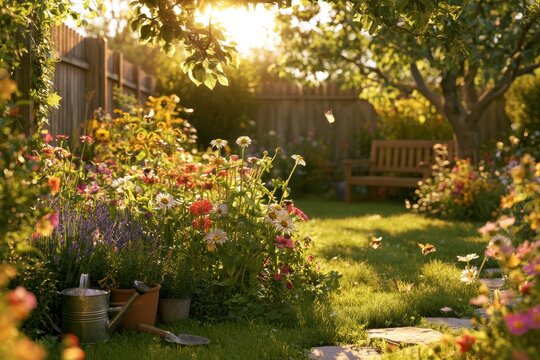 Peaceful garden in warm afternoon light with buzzing bees and fluttering butterflies